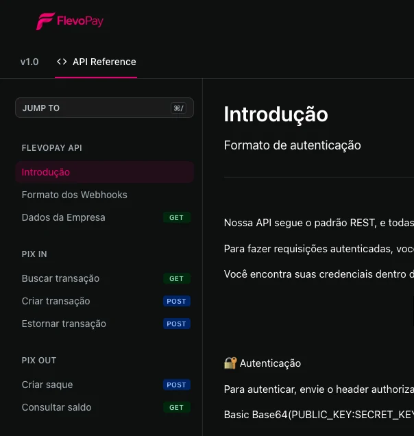 Referência da API FlevoPay com endpoints PIX IN e PIX OUT