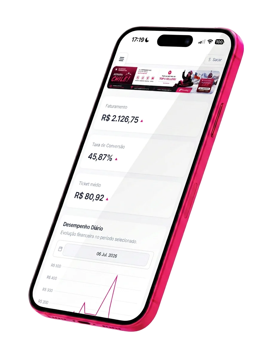 Mockup do app FlevoPay com dashboard